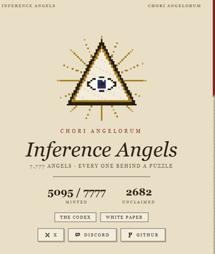 The image is a promotional graphic for the "Inference Angels" NFT collection (7777 total), hosted by Chori Angelorum, featuring the all-seeing eye pyramid symbol. It displays current collection stats—5095/7777 minted and 2682 unclaimed—along with links to the Codex, White Paper, Discord, and GitHub, corresponding to the "free mint" and Opensea listing mentioned in the post.