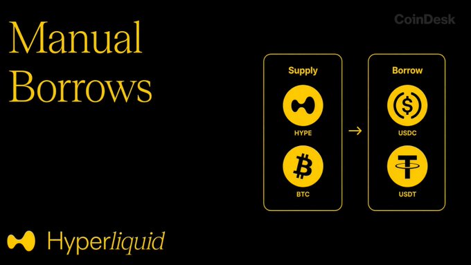 A CoinDesk graphic titled 'Manual Borrows' illustrates the Hyperliquid lending platform, showing supply assets (HYPE, BTC) being borrowed against to receive USDC or USDT.