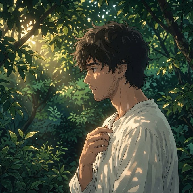 An anime-style illustration of a young man with dark, messy hair wearing a white shirt, standing in profile in a lush green forest with sunlight filtering through the leaves.