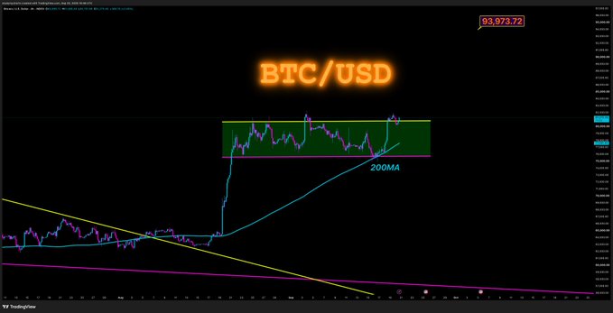 A dark-themed cryptocurrency trading chart for BTC/USD showing a price of 93,973.72, with a highlighted green trading range and a moving average labeled '200MA'.