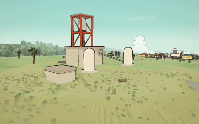 A stylized cartoon landscape shows the "Test Stand" — a rust-red launch tower on a concrete platform connected to archways — sitting on an open grassy field outside a distant village. The image visually illustrates the post's description of one of eight Facility Deeds on the cape, where the holder earns a share of every launch fee.