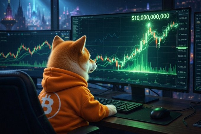 An AI-generated illustration of a Shiba Inu dog wearing an orange Bitcoin hoodie sitting at a desk with multiple monitors displaying stock/crypto charts showing a value of '$10,000,000,000'.