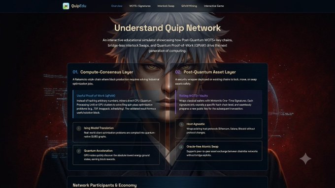 Screenshot of the QuipEdu website explaining the QuipEdu Network as an interactive educational simulator for understanding the Post-Quantum WoT3+ architecture, featuring layers like Compute-Consensus and Post-Quantum Asset Layer.