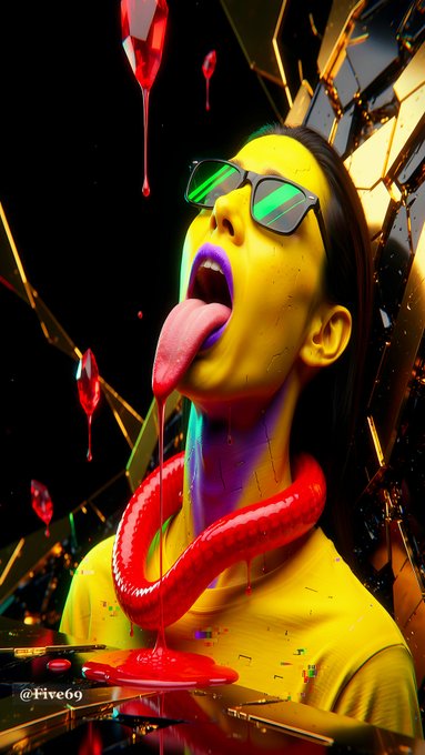 A surreal digital artwork showing a yellow-skinned woman with green sunglasses, her tongue extended, with a red snake-like creature dripping crimson liquid. The watermark '@Five69' appears in the bottom left.