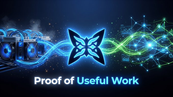 A digital banner or poster features an illustration of a butterfly, surrounded by blue and green lights and connected to various electronic devices like speakers and headphones, suggesting a technological theme related to Bitcoin mining. The text beneath the butterfly reads "Proof of Useful Work" with additional information about this concept, while also mentioning Bitcoin miners securing networks with computational puzzles.