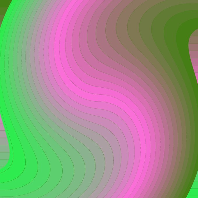 An abstract digital artwork featuring flowing, wavy bands of color transitioning from bright green on the left to pink and brown in the center and right.