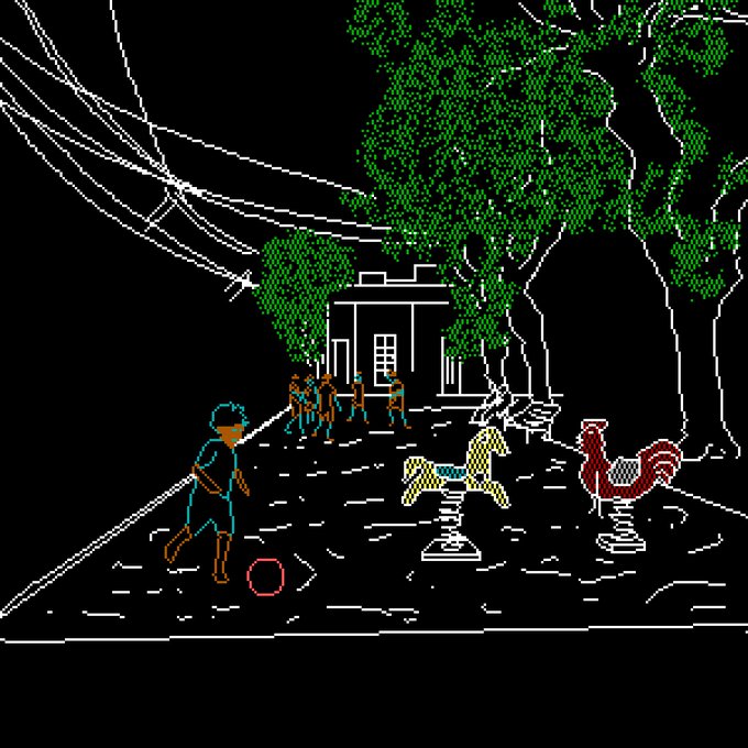A retro, pixel-art style animation frame depicting a boy kicking a red ball on a sidewalk near a house with trees and spring rider playground equipment in the yard.