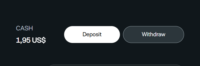 A dark-themed app interface displaying a 'CASH' balance of '1,95 US$' with 'Deposit' and 'Withdraw' buttons.
