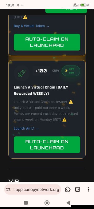 Mobile screenshot from app.canopynetwork.org showing crypto airdrop tasks with green 'AUTO-CLAIM ON LAUNCHPAD' buttons and a 'Launch A Virtual Chain (DAILY Rewarded WEEKLY)' quest worth +100 CNPY.