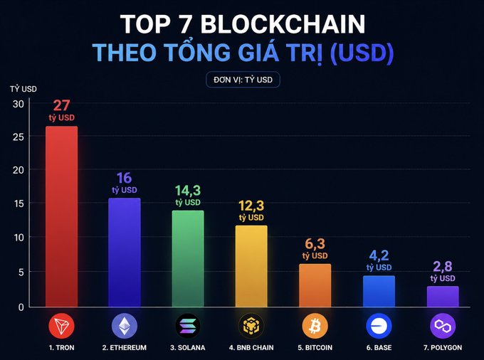 A bar chart titled 'TOP 7 BLOCKCHAIN THEO TỔNG GIÁ TRỊ (USD)' ranking Tron ($27B), Ethereum ($16B), Solana ($14.3B), BNB Chain ($12.3B), Bitcoin ($6.3B), Base ($4.2B), and Polygon ($2.8B) by total value in USD.