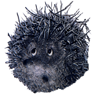 A cartoonish illustration of a round, spiky, gray creature with a small face and tiny eyes.