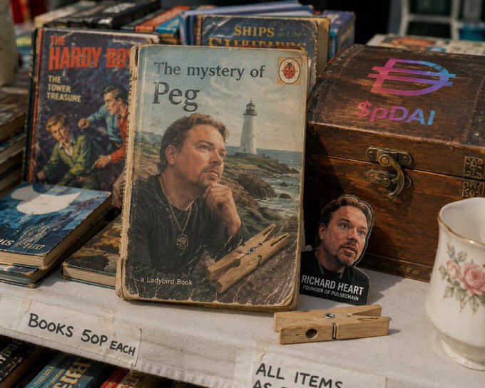 A vintage book titled "The Mystery of Peg" features a man resembling Richard Heart on its cover, displayed at a market stall selling books for 50p each, alongside a portrait labeled "Richard Heart, Founder of PulseChain" and a wooden chest marked "$pDAI"—a visual pun playing on PulseChain's ecosystem, tying the "mystery" theme to the post's discussion of PLS, HEX, and PulseChain's revival.
