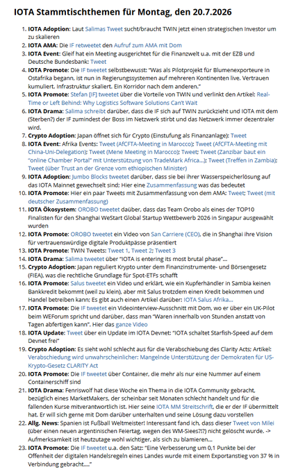A German-language news roundup titled "IOTA Stammtischsthemen für Montag, den 20.7.2026" listing 24 topics covering IOTA, DLT, Crypto, and adoption news with tweets and article references.