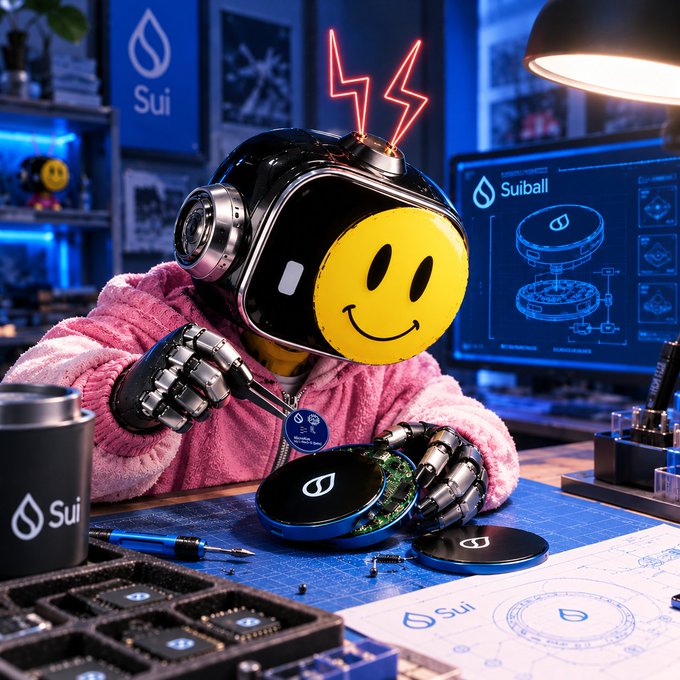 A 3D-rendered character with a robot body, pink fluffy jacket, and a yellow smiley face helmet works on circuit boards, surrounded by Sui and SuiBALL branding.