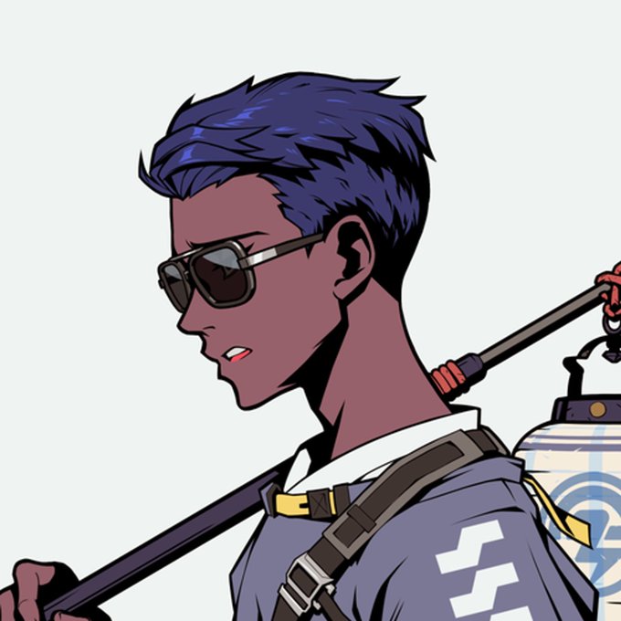 Stylized anime-style illustration of a character with blue hair, sunglasses, and carrying a staff/lantern, with a 'G' logo on the lantern