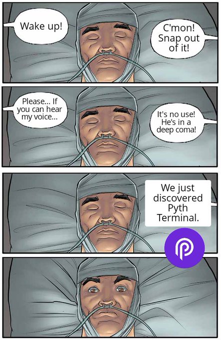 The image presents a series of cartoon drawings featuring an open face with a mask over one eye and drawn speech bubbles that make conversation about various topics such as waking up, using a voice recorder, the price of Bitcoin or the stock market, and discovering a new terminal for trading crypto assets. The caption provides information on this visual content in relation to the post: "Doctor: 
It's no use... he' s in a deep coma." Voice: @PythNetwork Terminal. 3,000+ live price feeds across crypto, equities, FX, and commodities. The future of market data shouldn'n be locked behind".