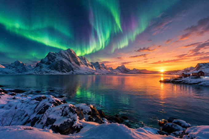 A scenic landscape featuring vibrant green and purple aurora borealis over snow-capped mountains, with a sunset reflecting across a calm body of water.