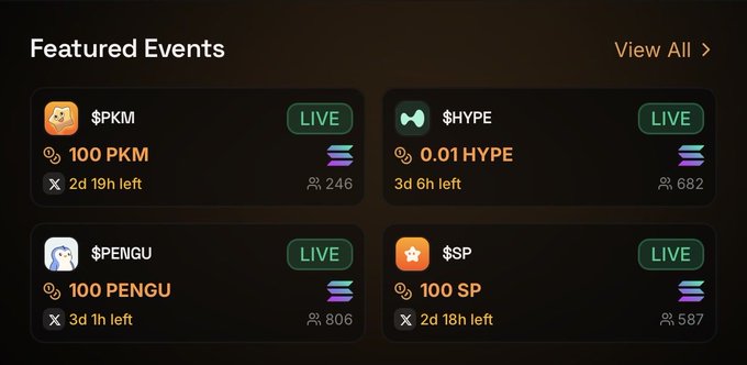 A "Featured Events" dashboard on freeairdrops.io displays four live crypto/token-based prediction or staking events ($PKM, $HYPE, $PENGU, and $SP) with varying prize pools (100 PKM, 0.01 HYPE, 100 PENGU, 100 SP), participant counts ranging from 246 to 806, and time remaining between 2-3 days. Each card shows a "LIVE" status badge, indicating active participation opportunities on the platform.