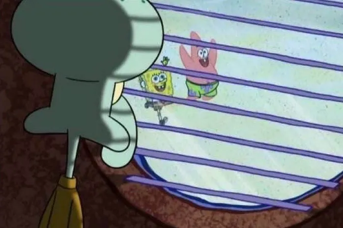 An animated scene shows Squidward looking through window blinds at SpongeBob and Patrick, who are waving cheerfully outside.