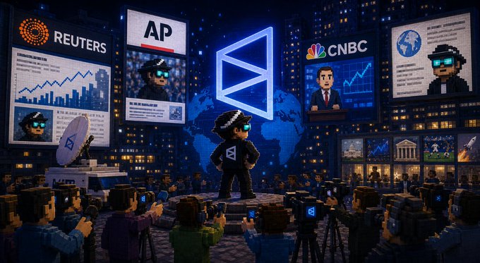 A pixel art illustration of a central figure wearing pixelated sunglasses standing before news outlets including Reuters, AP, CNBC, and a world map with an open laptop logo, surrounded by press cameras.