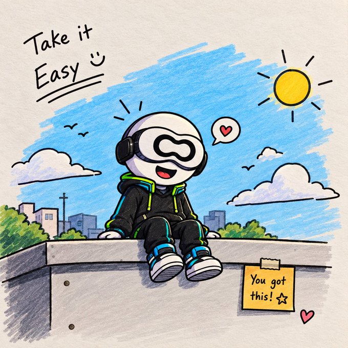 A hand-drawn illustration of a smiling white robot character with headphones sitting on a rooftop, with the text 'Take it Easy' and a sticky note reading 'You got this!'.