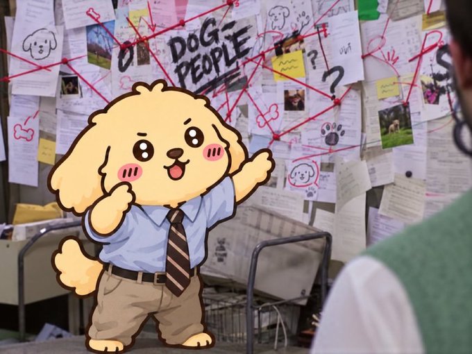 A cartoon dog character in a blue shirt and tie covering a wall covered in notes and papers with the words 'DOG PEOPLE' written on it.