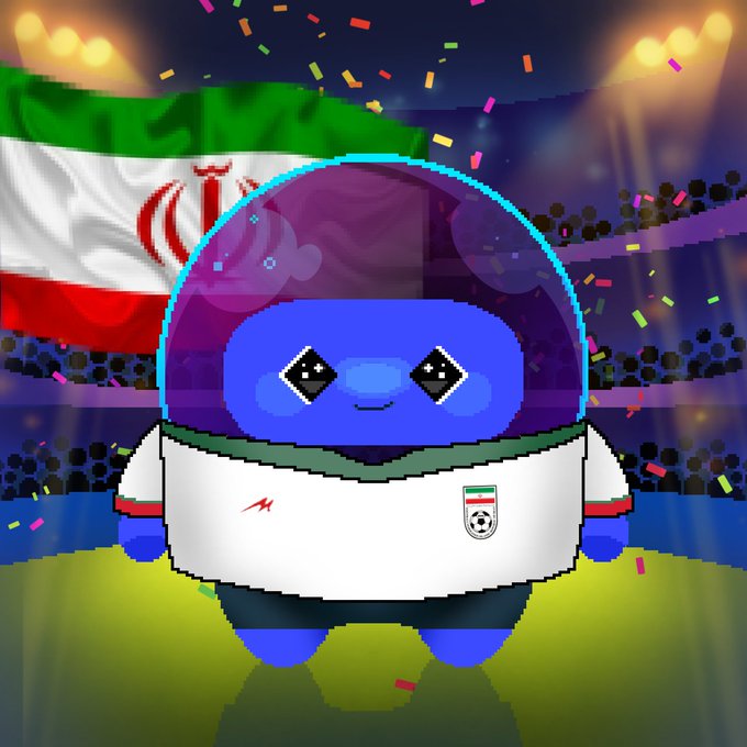 A cartoon character wearing a transparent bubble helmet and an Iran national football team jersey, standing in a stadium with the Iranian flag in the background.