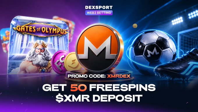 A promotional banner for 'DEXSPORT WEB3 BETTING' featuring 'Gates of Olympus' slot game, a Monero (XMR) coin, a soccer ball, and text offering 'GET 50 FREESPINS $XMR DEPOSIT' with promo code 'XMRDEX'.