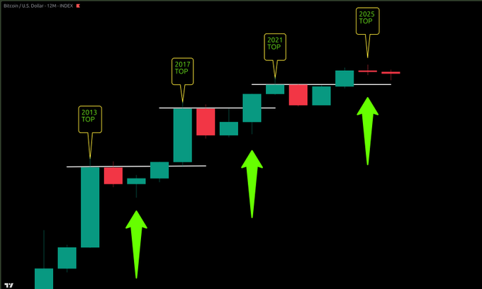 A 12-month Bitcoin/USD candlestick chart on INDEX displays historical cycle tops labeled "2013 TOP," "2017 TOP," "2021 TOP," and a projected "2025 TOP," with green arrows pointing to consolidation levels between each cycle. The chart visually supports the post's focus on long-term structural levels and Bitcoin's trajectory heading into 2027.