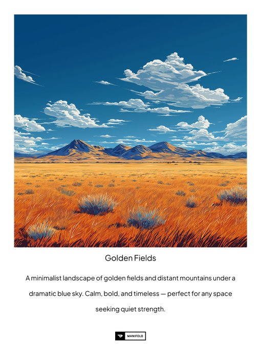 A minimalist art poster titled 'Golden Fields' depicting golden grasslands and distant mountains under a dramatic blue sky, described as 'Calm, bold, and timeless — perfect for any space seeking quiet strength,' with a 'MANIFOLD' logo.