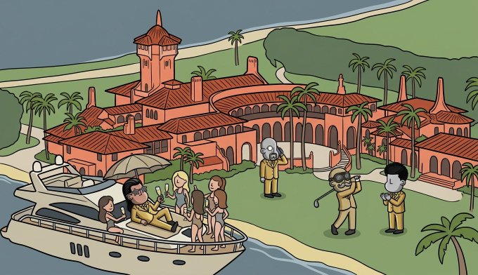 Cartoon-style illustration of a luxurious pink mansion estate where people are enjoying a party on a yacht, others play golf, and a man in a yellow suit stands observing the scene.