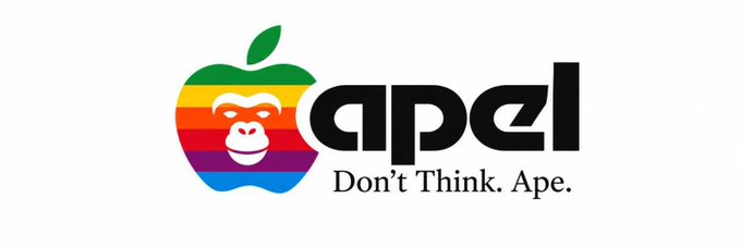 The image shows a logo for the Solana token $APEL, featuring a rainbow-striped apple with a gorilla face and the text "apel" alongside the tagline "Don't Think. Ape." This matches the community-submitted banner for the $APEL token on Moby.