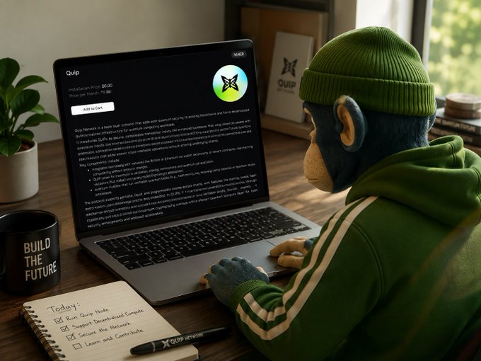 An illustrated monkey wearing a green hoodie and beanie working on a laptop displaying the Quip Network website (price per launch 75.00), with a 'BUILD THE FUTURE' mug and a to-do list noting 'Run Quip Node' tasks.