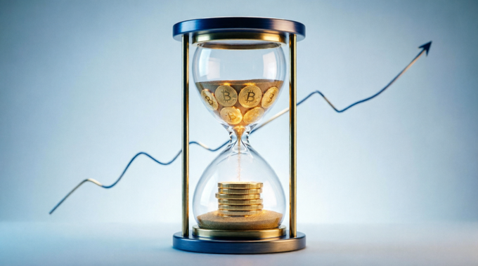A conceptual image shows an hourglass filled with Bitcoin coins in the top bulb and gold coins in the bottom, with an upward-trending arrow in the background.