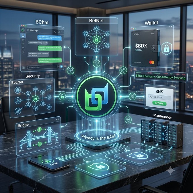 A digital interface displaying various privacy-focused blockchain components labeled BChat, BeNet, Wallet, Security, Bridge, BNS, and Mastermode, centered around a glowing logo with the text 'Privacy is the BASE.'