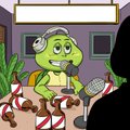 A cartoon illustration of a green goblin-like character holding a green object, with a dark figure in the foreground and a speech bubble above.