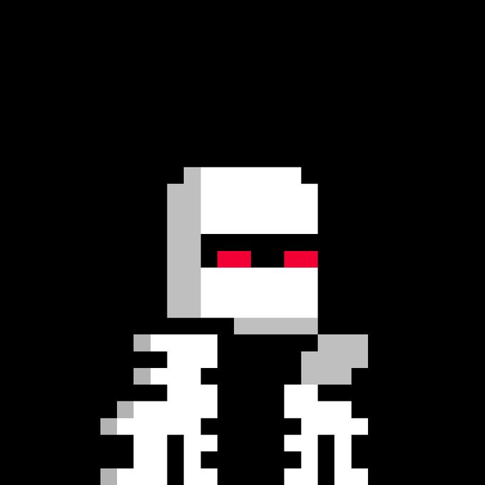 A pixel art illustration of a skeleton character with red glowing eyes against a black background, featuring a white skull and stylized white bones.