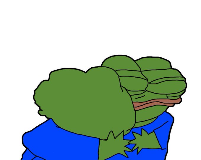 A crudely drawn cartoon character with a large green frog-like head, wearing a blue outfit with green accents, depicted against a white background.