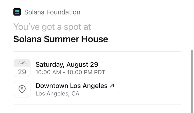 A digital event invitation from the 'Solana Foundation' for 'Solana Summer House' on Saturday, August 29, 10:00 AM – 10:00 PM PDT, in Downtown Los Angeles, CA.