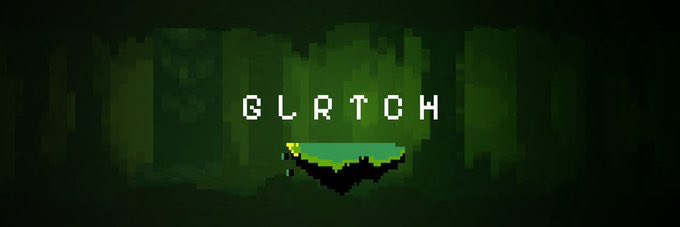 Pixel art banner featuring the word "GLRTCH" above a floating green platform against a dark pixelated forest backdrop, serving as promotional artwork for the GLRTCH crypto/NFT project's whitelist campaign mentioned in the post.