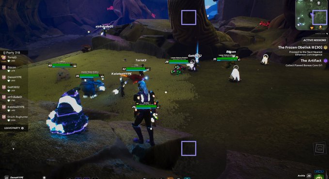 A multiplayer online game scene showing several players including 'KaloiseHYE' and 'Gatt3602' fighting glowing enemies near a quest marker for 'The Frozen Obelisk' in the Tear Territory.