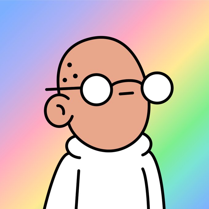A cartoon-style doodle of a bald character with round white glasses and freckles, set against a soft pastel rainbow gradient background. The cheerful, simplistic illustration matches the post's reference to a "new dood," appearing to be the latest entry in an ongoing curation of artwork.