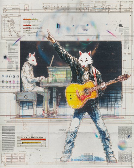 This digital collage depicts a fox-masked musician in a black jacket playing a yellow guitar and pointing upward, while a second fox-masked figure plays the piano in the background, all layered over technical blueprints and diagrams with the number 69019 visible at the bottom.