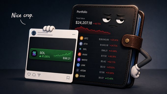 An animated leather wallet character displays a portfolio value of '$24,207.18' (down 48.75%), showing crypto holdings like BTC ($29,540.00, -23.41%), ETH, SOL, and others, while a cartoon Instagram post shows SOL up 41.08% at $96.21 with the comment 'Nice crop.'