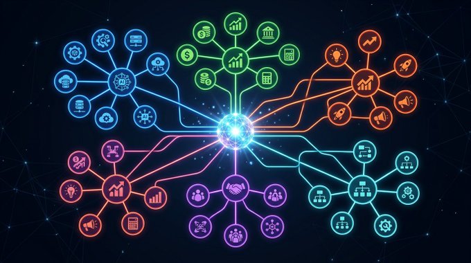 A colorful digital illustration depicting a network of interconnected icons representing various sectors like finance, technology, business, and innovation, organized into six clusters radiating from a central glowing blue sphere against a starry background.