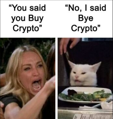 The image shows a woman with blonde hair, who appears to be making a face or yelling at someone behind her. The caption of the image reads "You said you buy Bitcoin", which seems to be a reference to the fact that she has bought Bitcoins. There is also an image of a cat sitting in front of a plate of food on a table, with the text "No, I said 'No'". This could possibly be a humorous or satirical commentary about the conversation between the woman and someone else.
