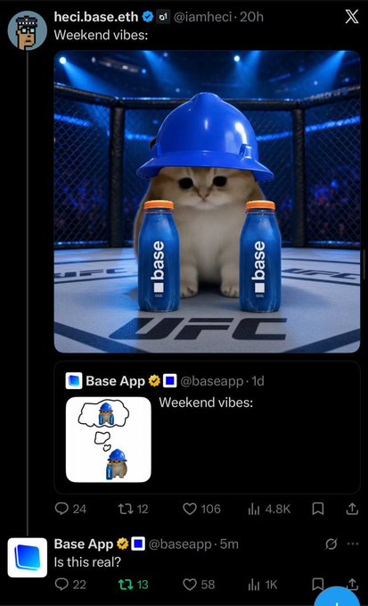 A tweet from @iamheci about "Weekend vibes" features a "base" branded UFC octagon image with a fluffy cat wearing a blue cap between two "base" bottles, tied to the post's promotion of the Base ecosystem and $BASECAT memecoin still under a $2M market cap, with Base App (@baseapp) questioning "Is this real?" in the replies.