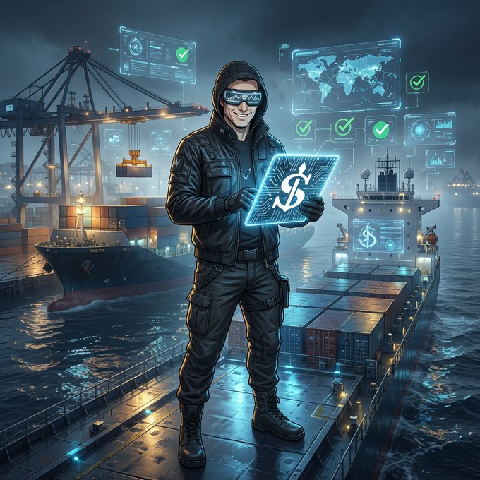 A hooded figure in tactical gear holds a glowing digital dollar sign on a tablet, standing before a port with cargo ships and shipping containers, surrounded by holographic data displays showing checkmarks and a world map.