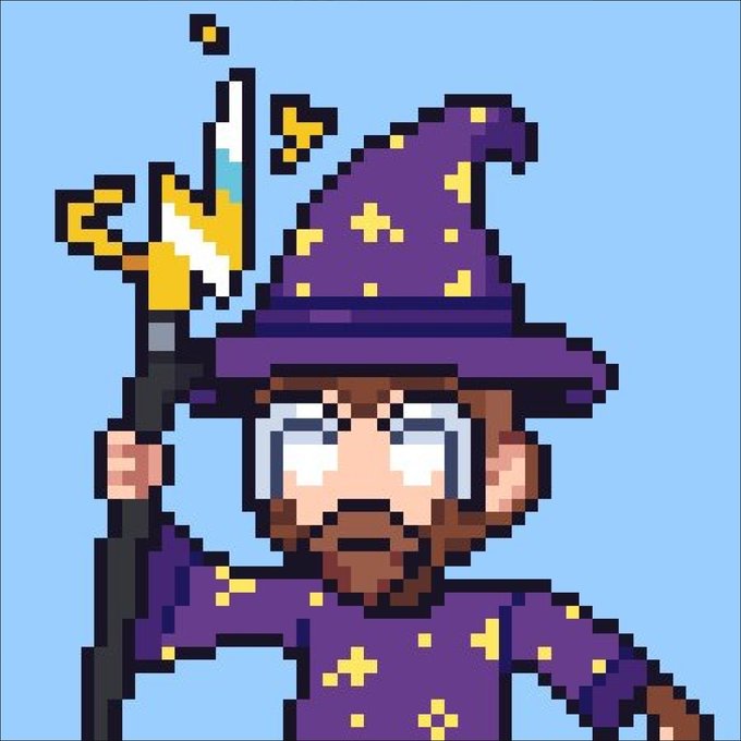 The image features a cartoon character wearing a purple wizard's hat with yellow stars and holding a sword or staff. The character appears to be a wizard from a video game series called "TheWizardsOfOrd". The caption below the image reads, "the best wizards on ordinals are simply @TheWizardsOfOrd show me yours, if you have one!".