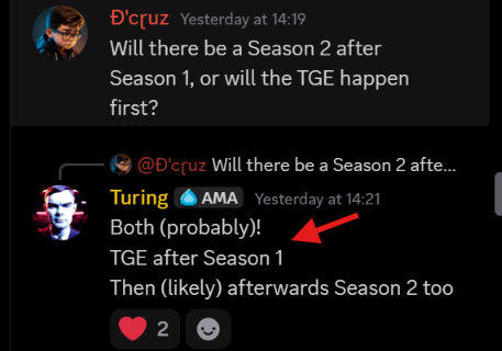 A Discord conversation between users "D'cruz" and "Turing" shows D'cruz asking if there will be a Season 2 after Season 1, or if the TGE will happen first, with Turing responding that both will likely happen, with the TGE after Season 1 and Season 2 likely following afterwards. The exchange provides insight into AMAhub's roadmap, confirming that Season 1 (ending ~October 13) will be followed by a TGE and potentially a Season 2.
